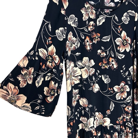 SaltwaterLUXE Black Hibiscus Bell Sleeve Ruffle Hem Mini Dress- Size Medium - Picture 11 of 11